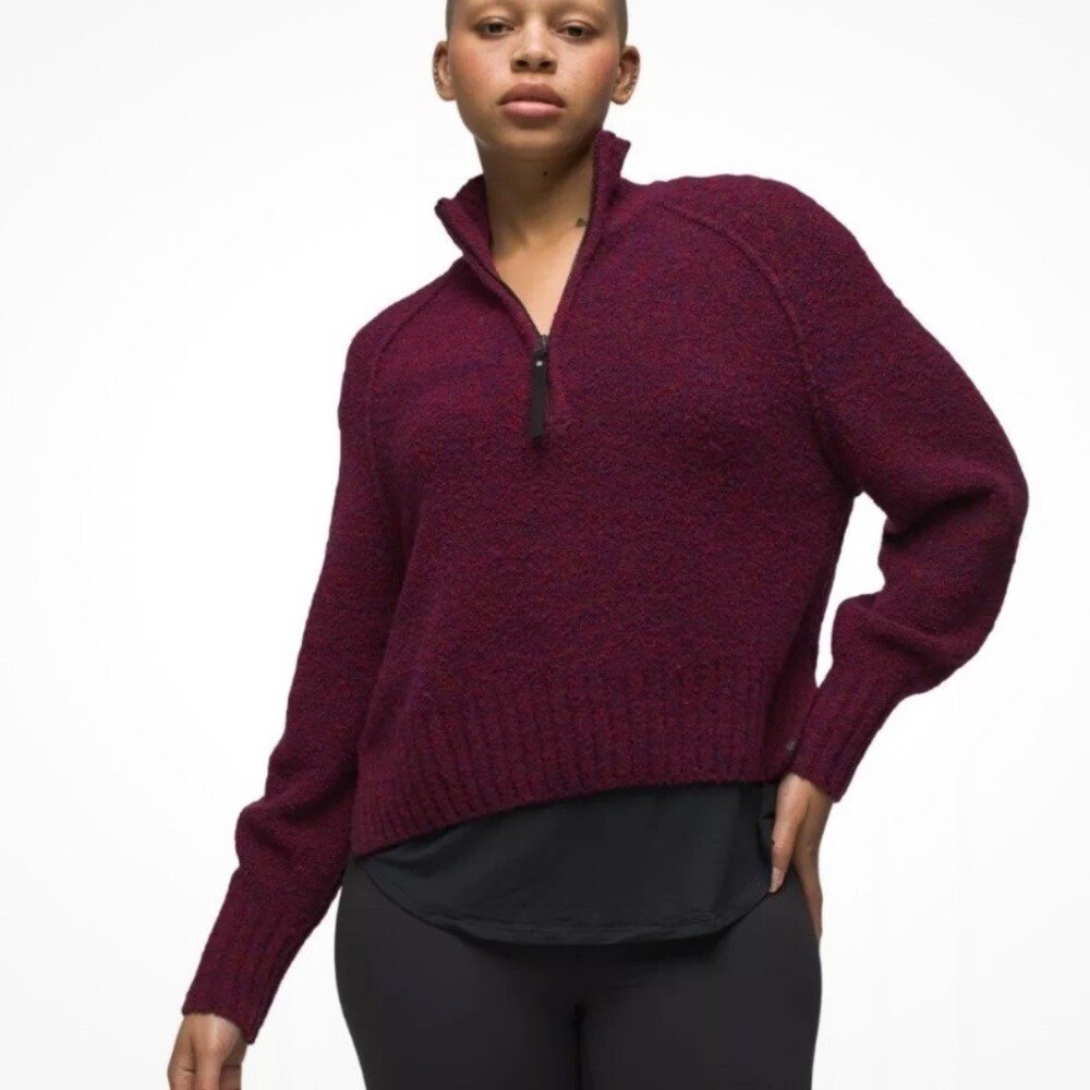 Prana Womens XL Merino Wool Blend Quarter Zip Sweater Wine Purple Marl Mock Neck